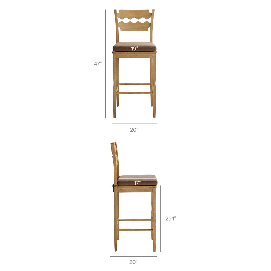 Lennox Oak Wood Bar Stool With Wavy Razor Back and Cushion in Weathered Oak Cocoa