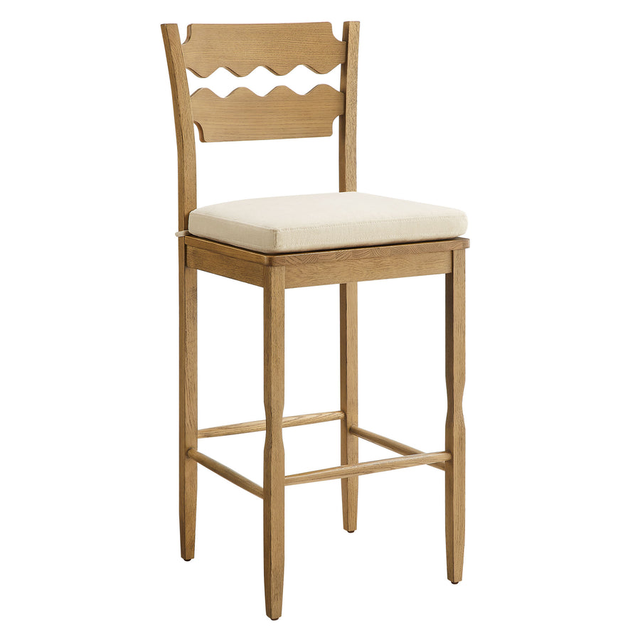Lennox Oak Wood Bar Stool With Wavy Razor Back and Cushion in Weathered Oak Linen