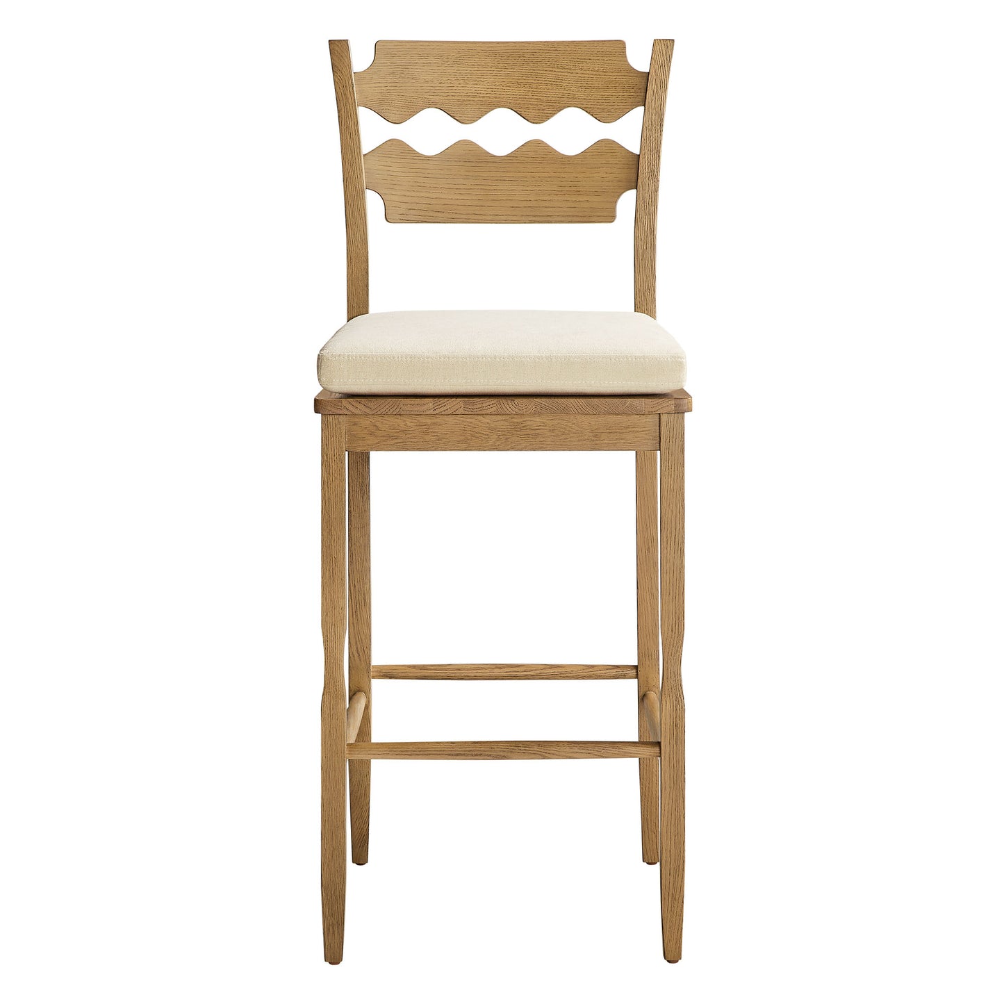 Lennox Oak Wood Bar Stool With Wavy Razor Back and Cushion in Weathered Oak Linen