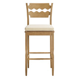 Lennox Oak Wood Bar Stool With Wavy Razor Back and Cushion in Weathered Oak Linen