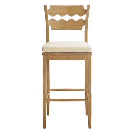 Jax Oak Wood Bar Stool With Wavy Razor Back and Cushion in Weathered Oak Linen