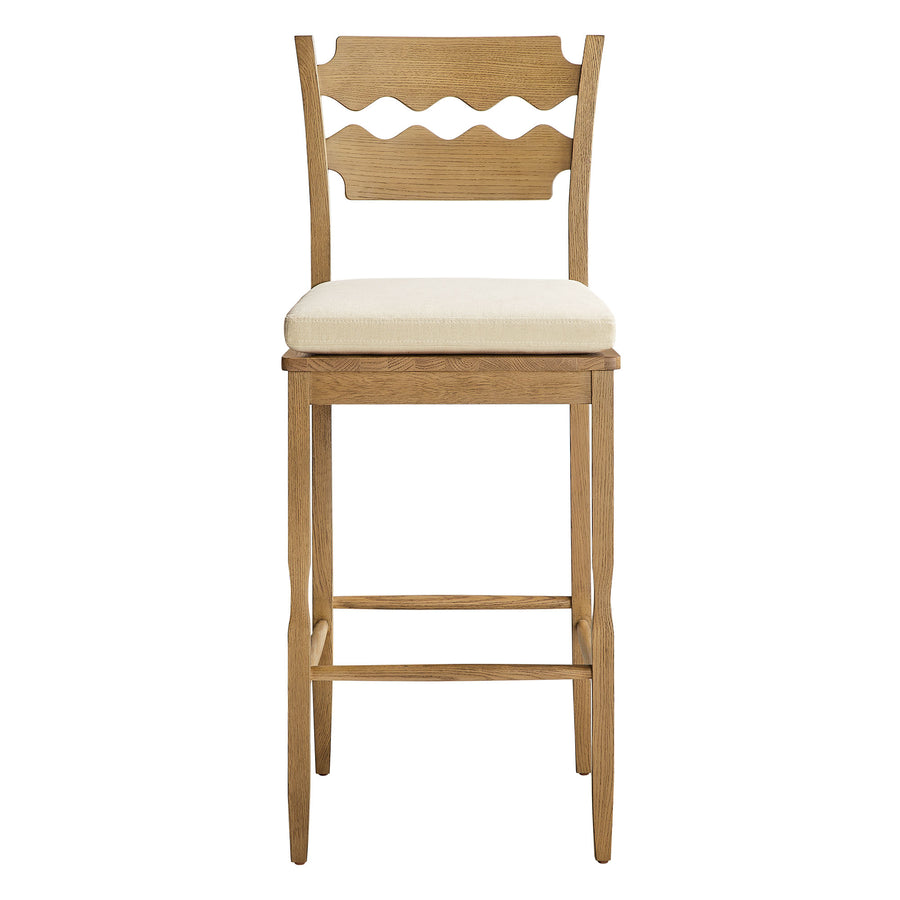 Lennox Oak Wood Bar Stool With Wavy Razor Back and Cushion in Weathered Oak Linen