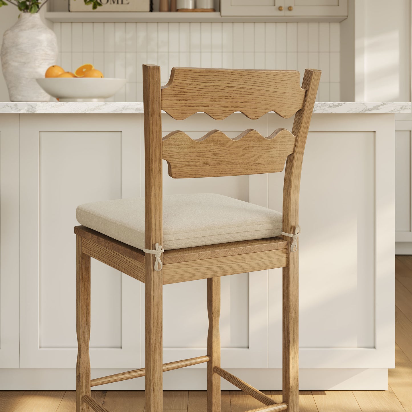 Lennox Oak Wood Bar Stool With Wavy Razor Back and Cushion in Weathered Oak Linen