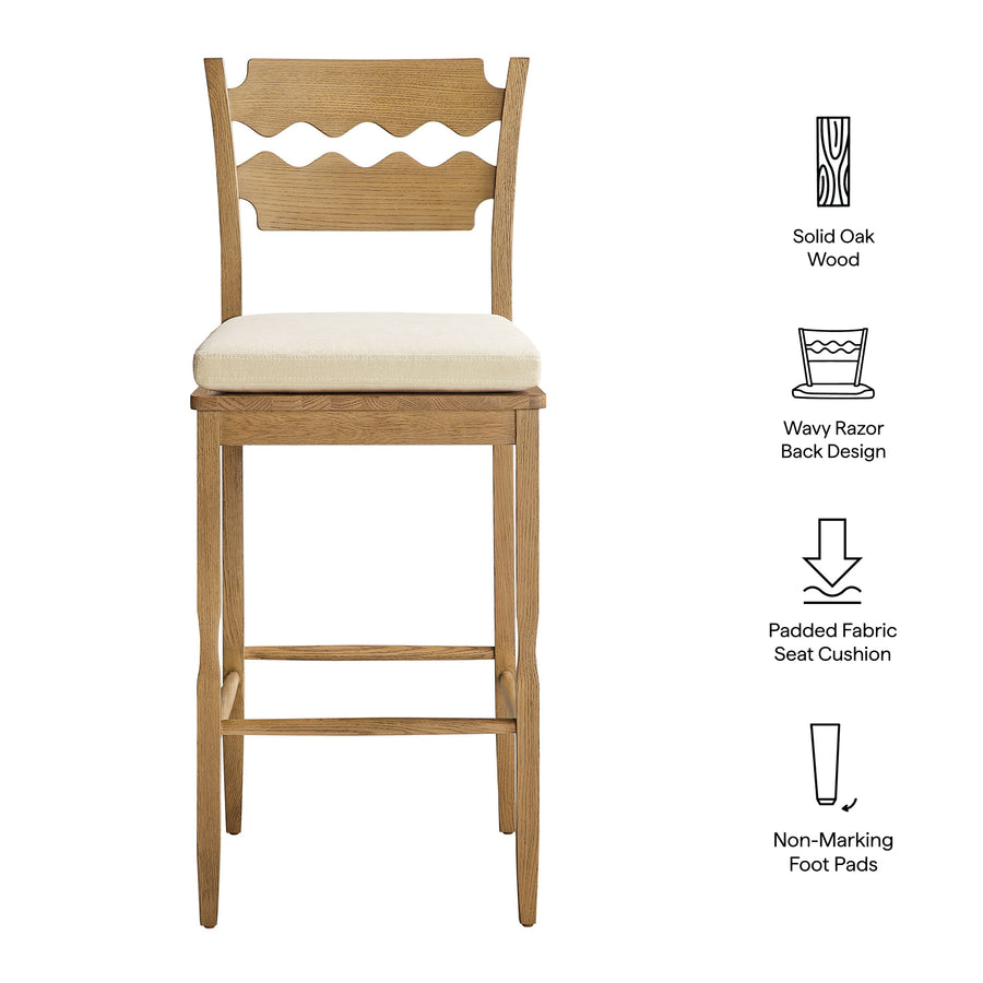 Lennox Oak Wood Bar Stool With Wavy Razor Back and Cushion in Weathered Oak Linen