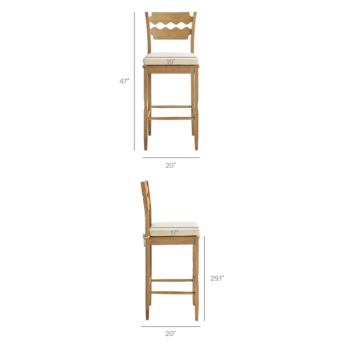 Lennox Oak Wood Bar Stool With Wavy Razor Back and Cushion in Weathered Oak Linen