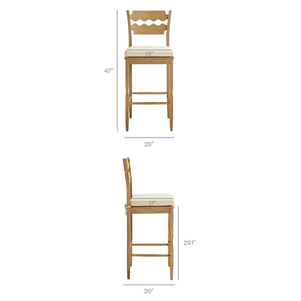 Jax Oak Wood Bar Stool With Wavy Razor Back and Cushion in Weathered Oak Linen