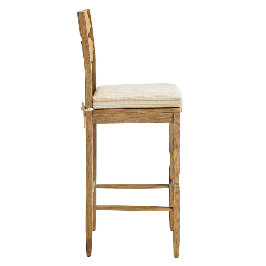 Lennox Oak Wood Bar Stool With Wavy Razor Back and Cushion in Weathered Oak Oatmeal Stripe