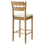 Lennox Oak Wood Bar Stool With Wavy Razor Back and Cushion in Weathered Oak Oatmeal Stripe