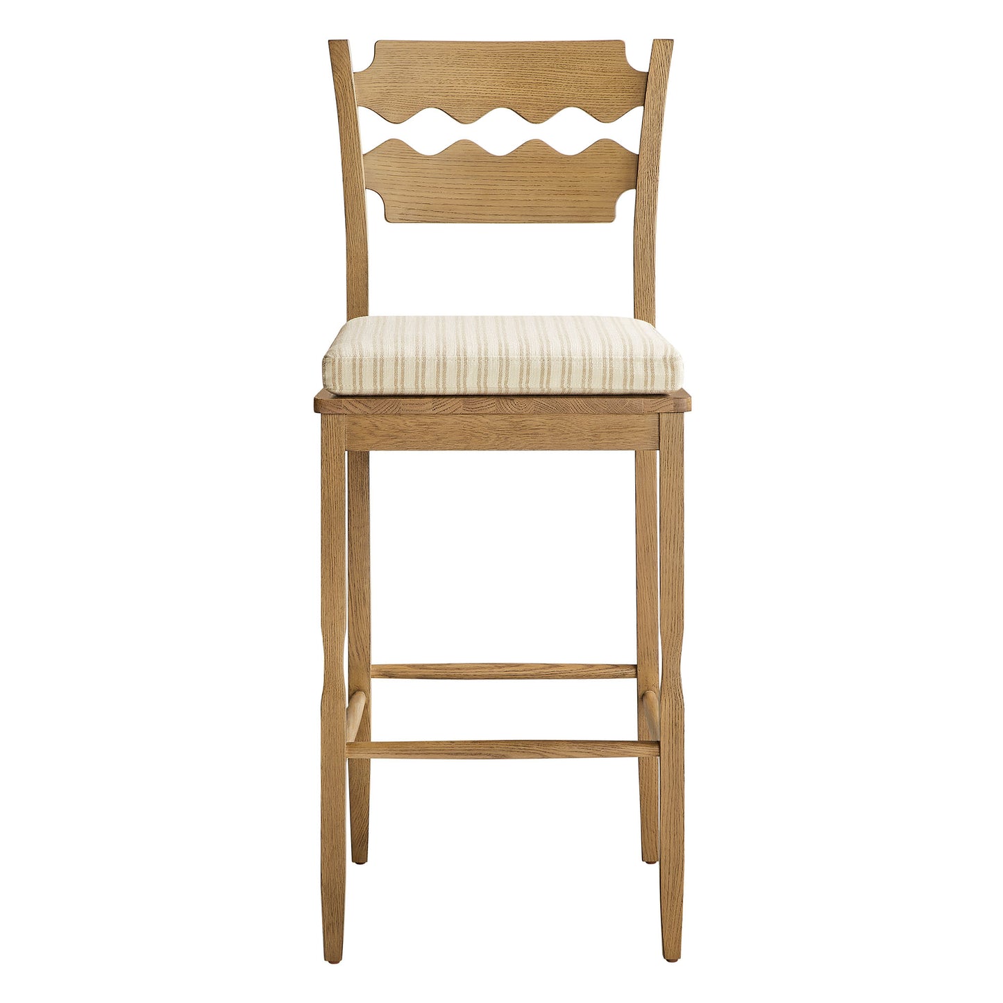 Lennox Oak Wood Bar Stool With Wavy Razor Back and Cushion in Weathered Oak Oatmeal Stripe
