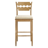 Lennox Oak Wood Bar Stool With Wavy Razor Back and Cushion in Weathered Oak Oatmeal Stripe