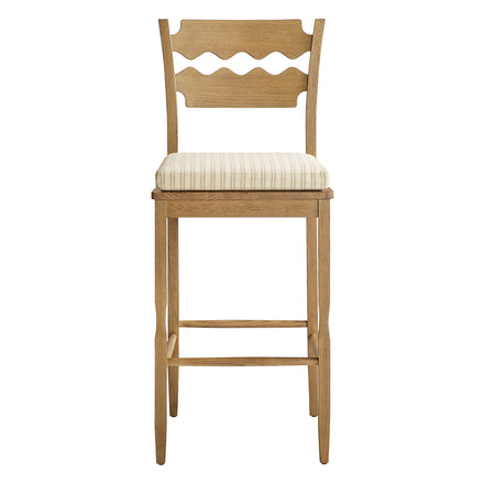 Jax Oak Wood Bar Stool With Wavy Razor Back and Cushion in Weathered Oak Oatmeal Stripe