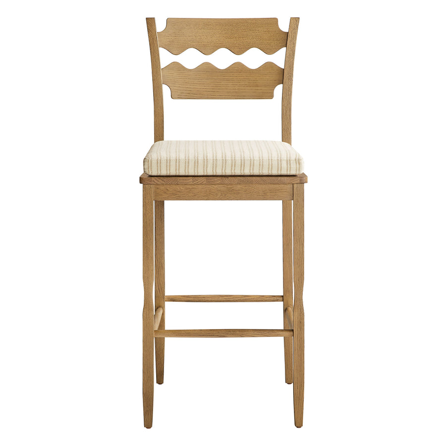 Lennox Oak Wood Bar Stool With Wavy Razor Back and Cushion in Weathered Oak Oatmeal Stripe