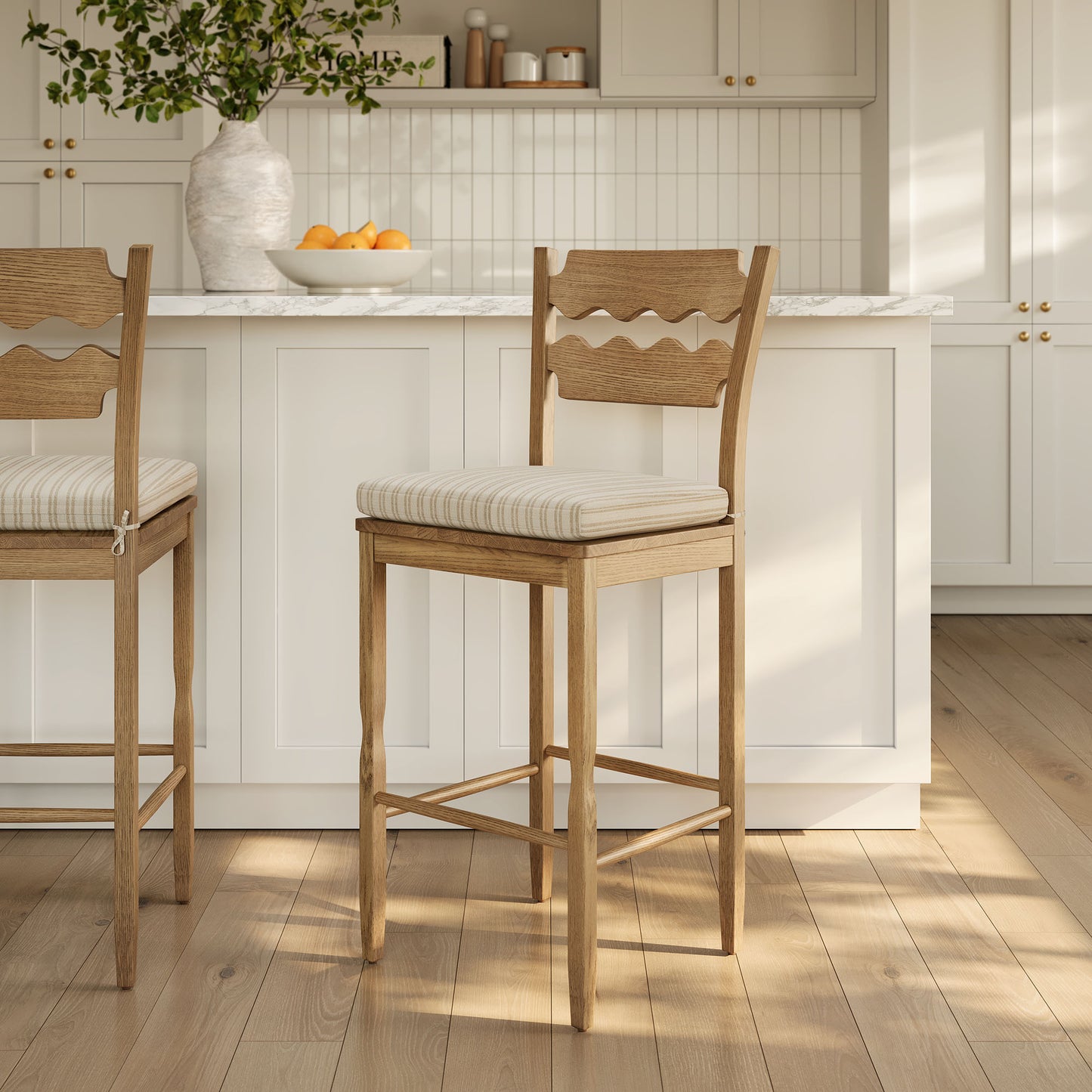 Lennox Oak Wood Bar Stool With Wavy Razor Back and Cushion in Weathered Oak Oatmeal Stripe