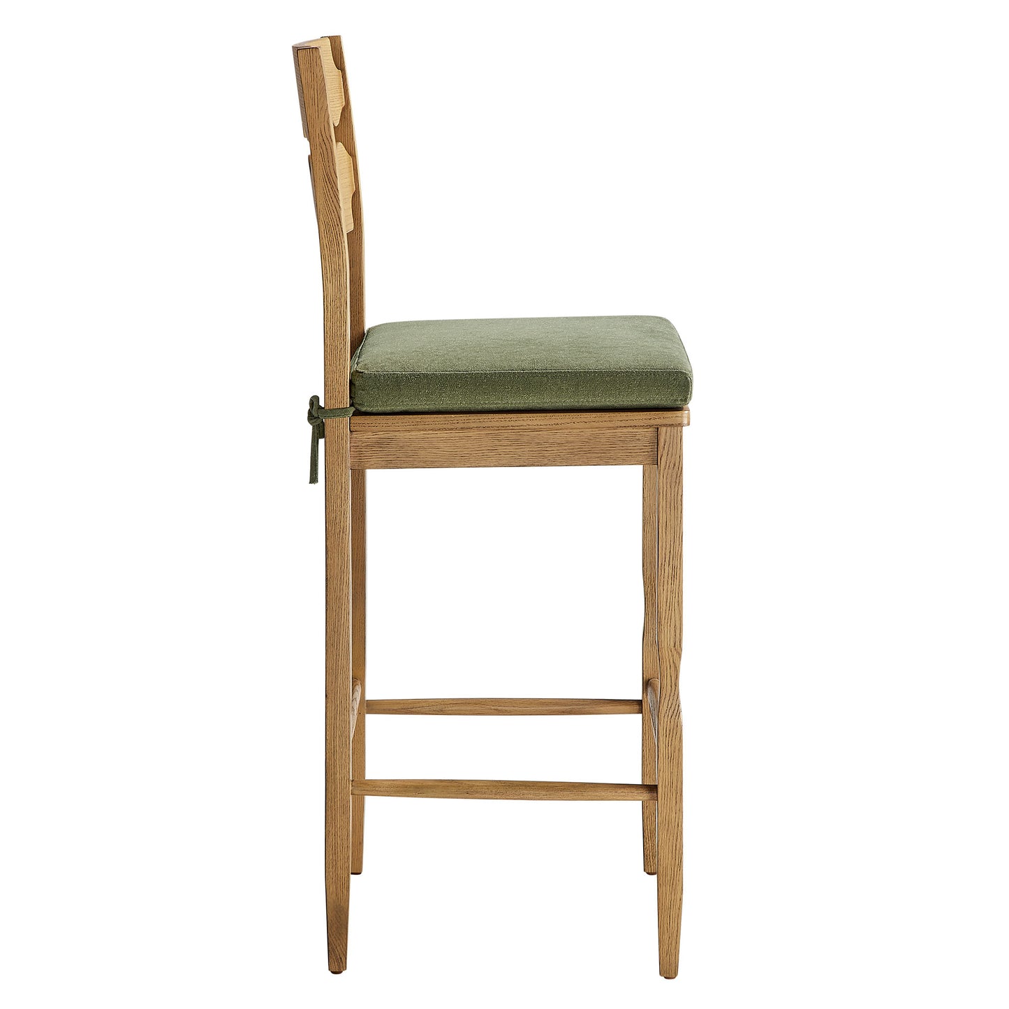 Lennox Oak Wood Bar Stool With Wavy Razor Back and Cushion in Weathered Oak Sage