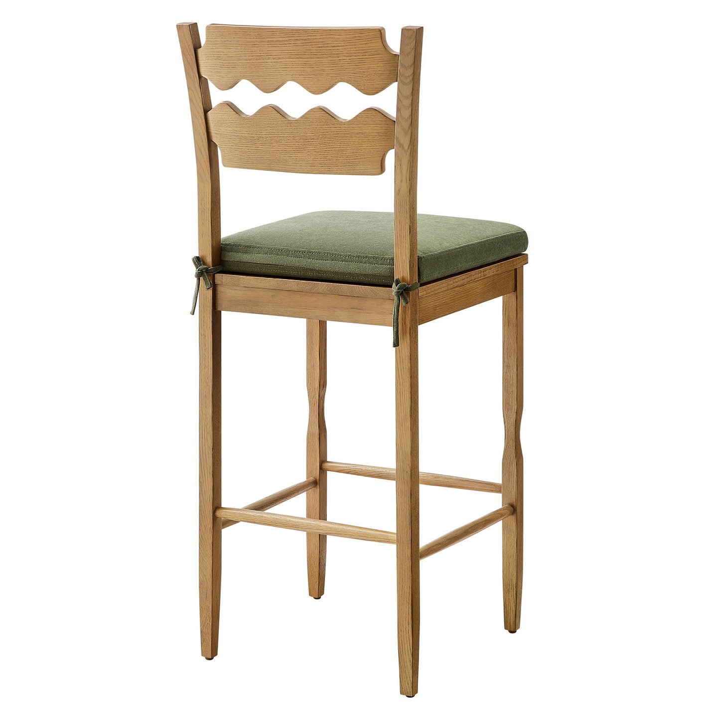 Lennox Oak Wood Bar Stool With Wavy Razor Back and Cushion in Weathered Oak Sage