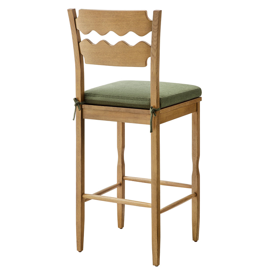 Lennox Oak Wood Bar Stool With Wavy Razor Back and Cushion in Weathered Oak Sage