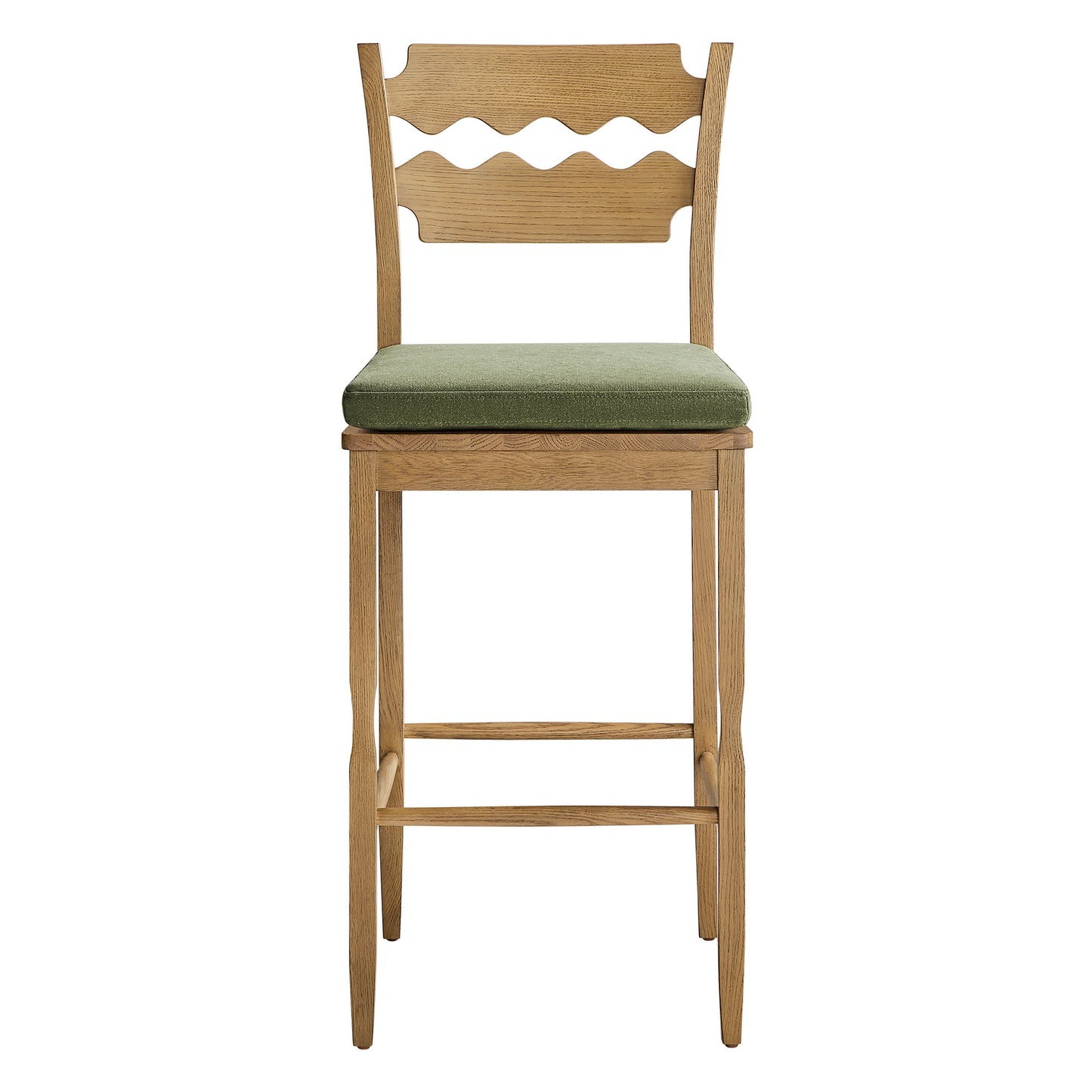 Lennox Oak Wood Bar Stool With Wavy Razor Back and Cushion in Weathered Oak Sage