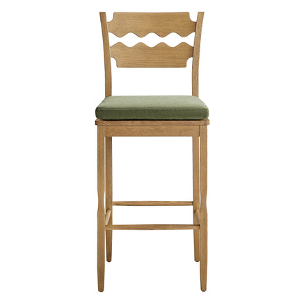 Jax Oak Wood Bar Stool With Wavy Razor Back and Cushion in Weathered Oak Sage