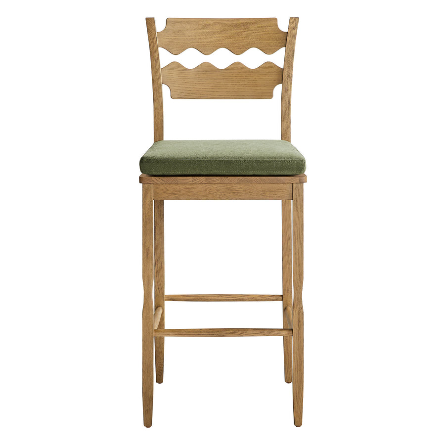 Lennox Oak Wood Bar Stool With Wavy Razor Back and Cushion in Weathered Oak Sage