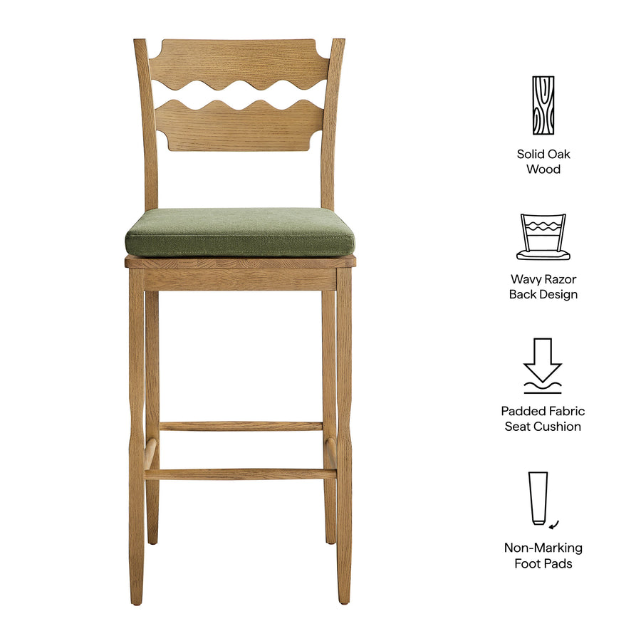 Lennox Oak Wood Bar Stool With Wavy Razor Back and Cushion in Weathered Oak Sage