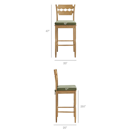Jax Oak Wood Bar Stool With Wavy Razor Back and Cushion in Weathered Oak Sage