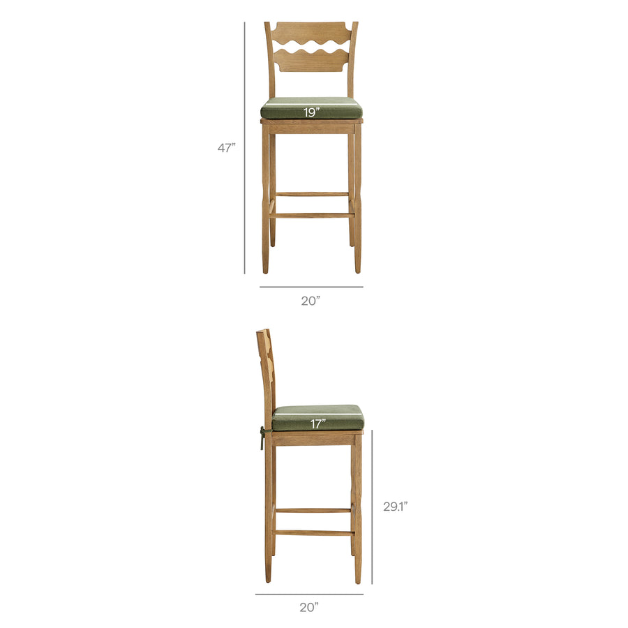 Lennox Oak Wood Bar Stool With Wavy Razor Back and Cushion in Weathered Oak Sage