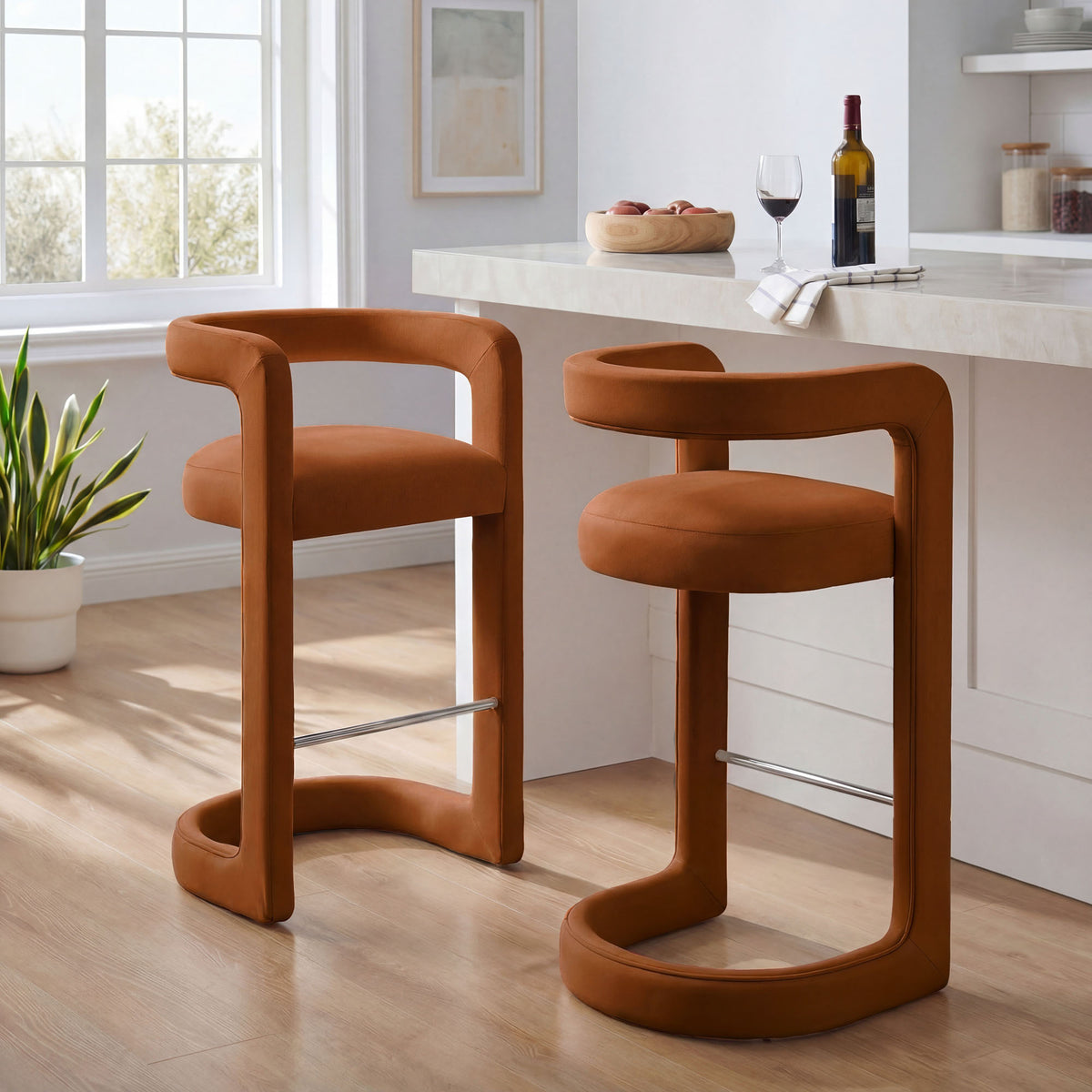 Sepia Performance Velvet Bar Stool Set of 2 in Rust