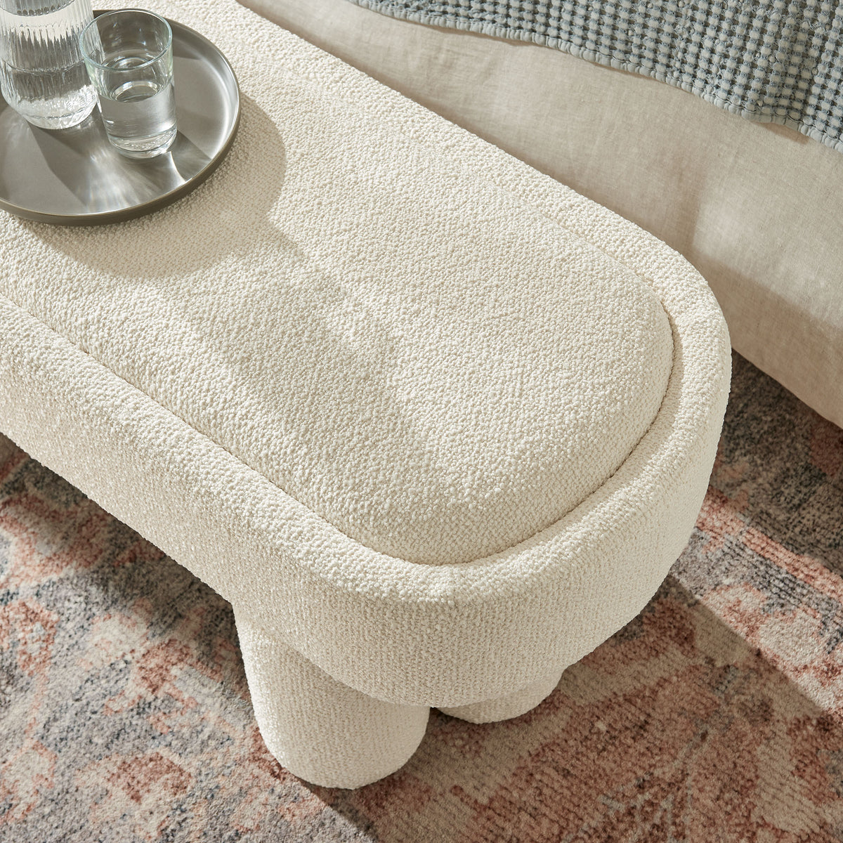 Mossi 52-Inch Oval Boucle Fabric Bench in Cream