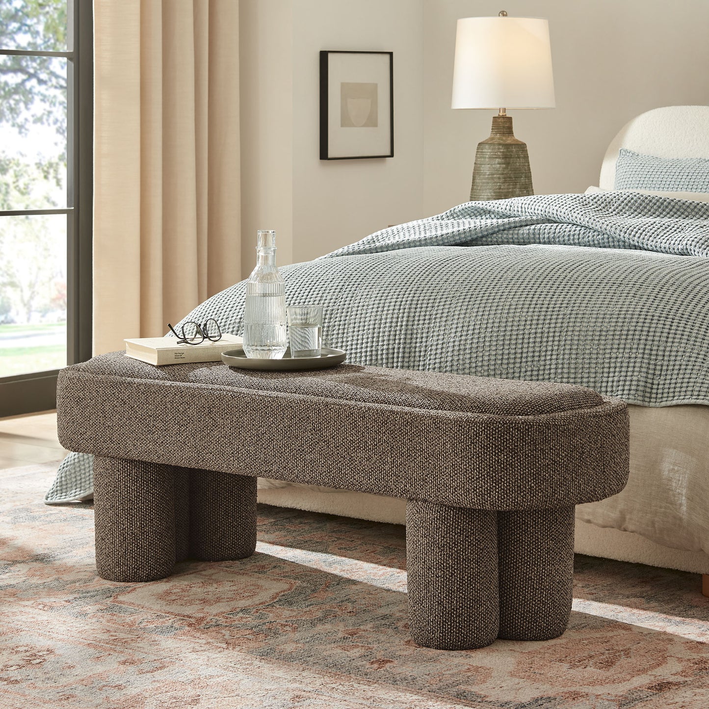 Elemi 52-Inch Oval Boucle Fabric Bench in Earth
