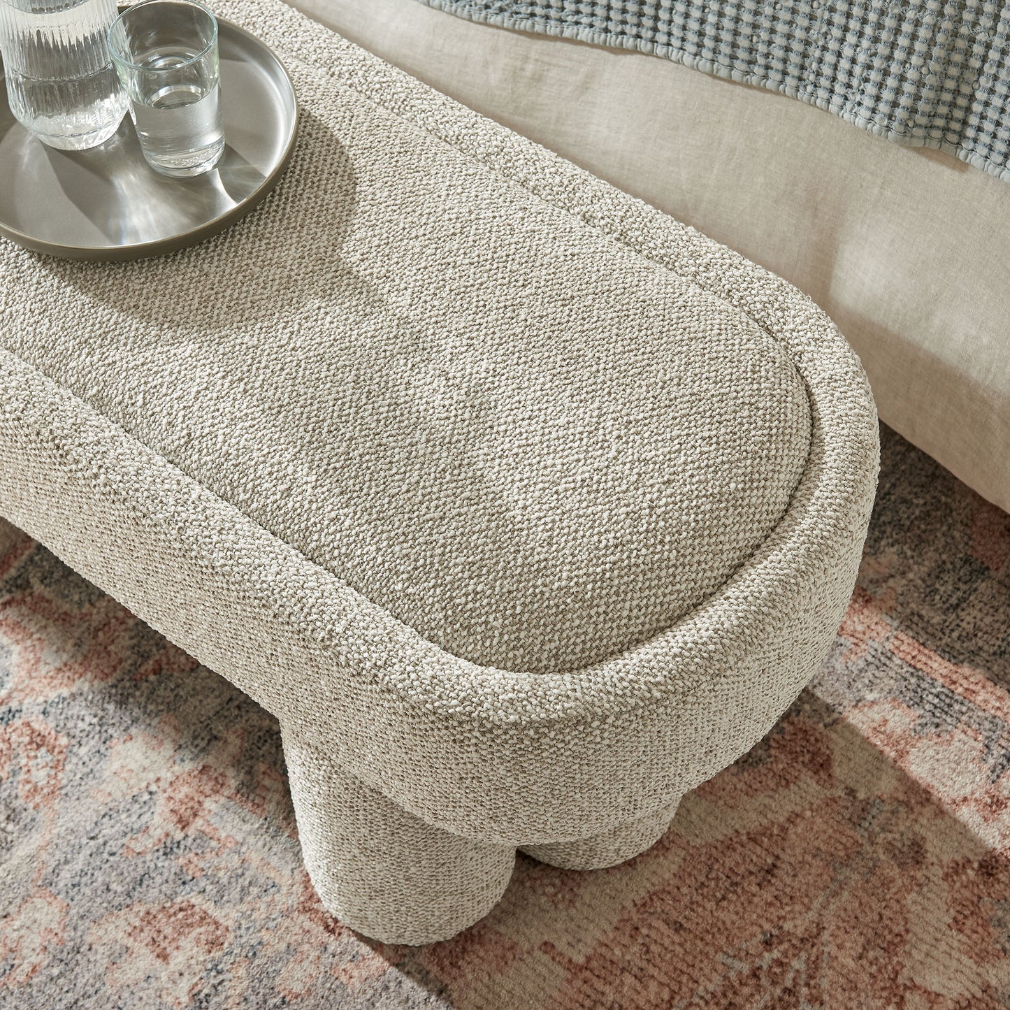 Elemi 52-Inch Oval Boucle Fabric Bench in Marble