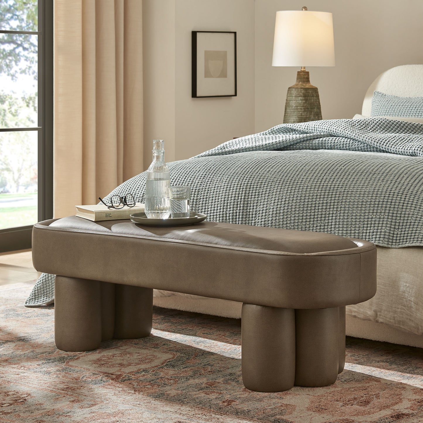 Elemi 52-Inch Oval Vegan Leather Bench in Mushroom