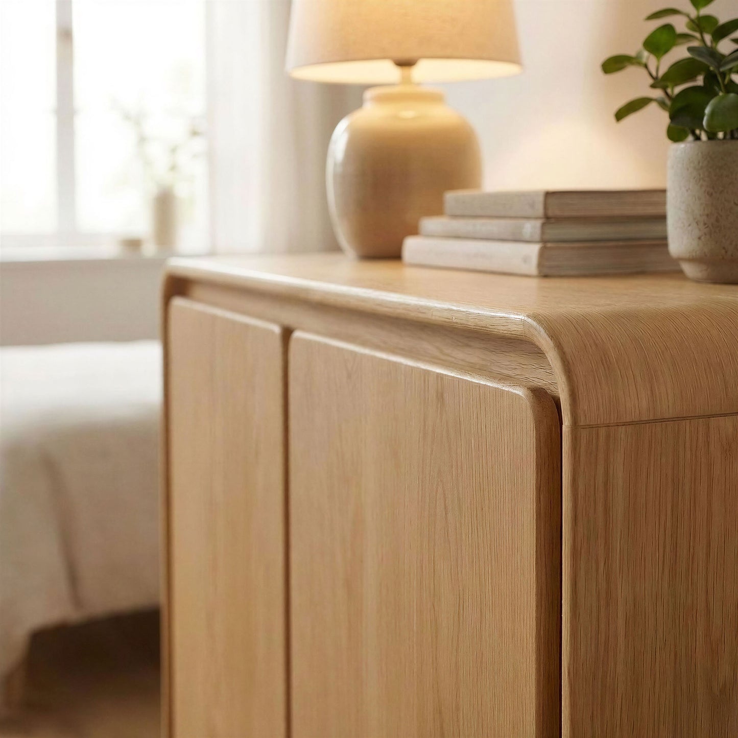 Cassia 2-Door Curved Wood Accent Cabinet in Oak
