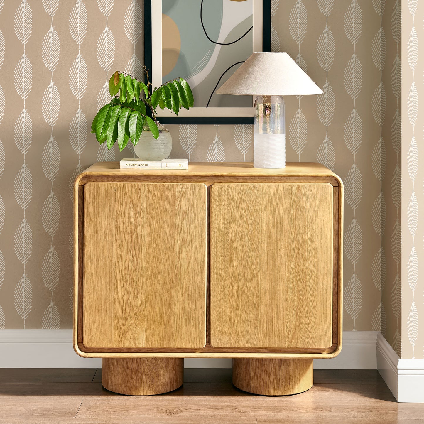 Cassia 2-Door Curved Wood Accent Cabinet in Oak