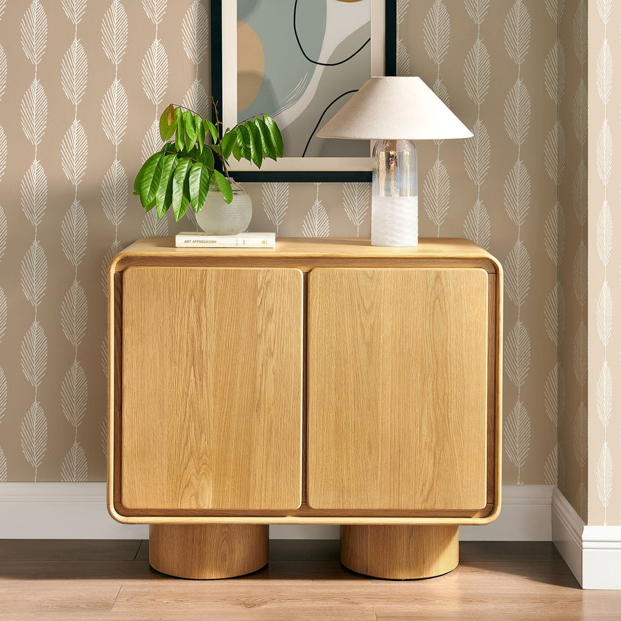 Cassia 2-Door Curved Wood Accent Cabinet in Oak