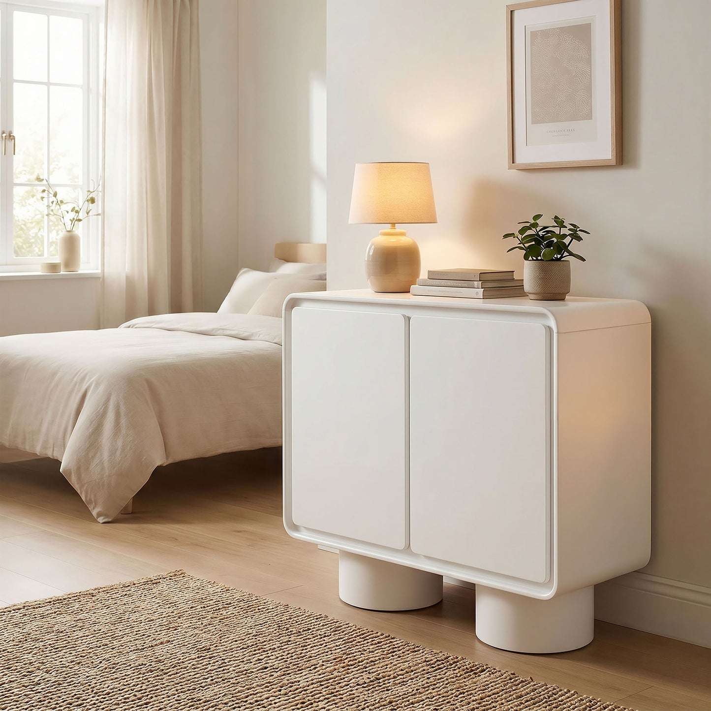 Cassia 2-Door Curved Wood Accent Cabinet in White