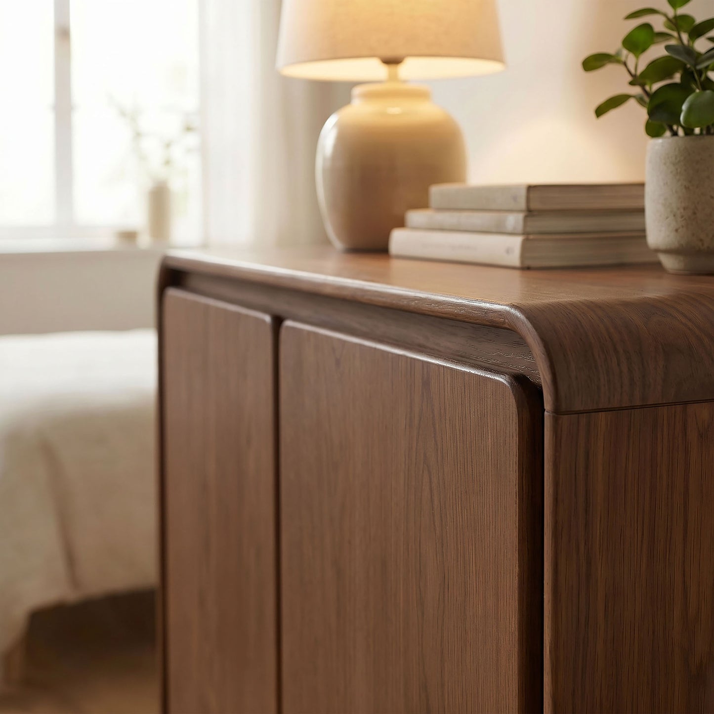 Cassia 2-Door Curved Wood Accent Cabinet in Walnut