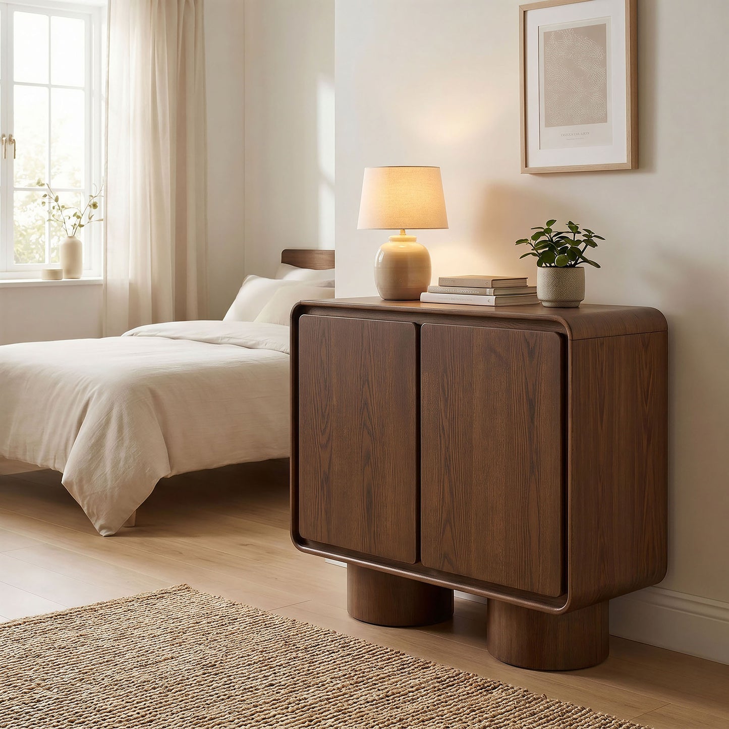 Cassia 2-Door Curved Wood Accent Cabinet in Walnut