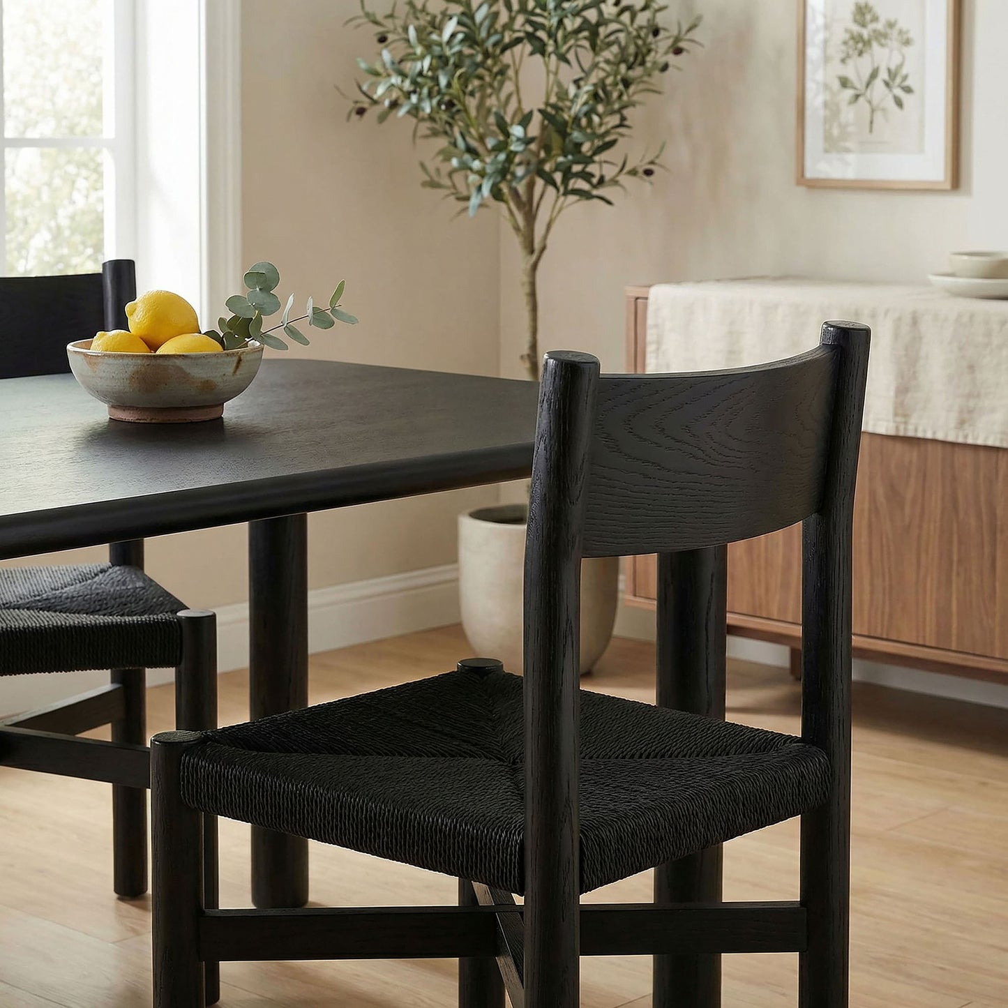 Wells Oak Wood Dining Side Chair With Woven Seat in Black