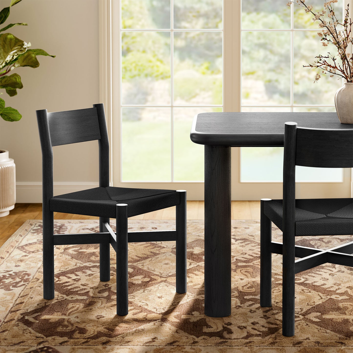 Wells Oak Wood Dining Side Chair With Woven Seat in Black