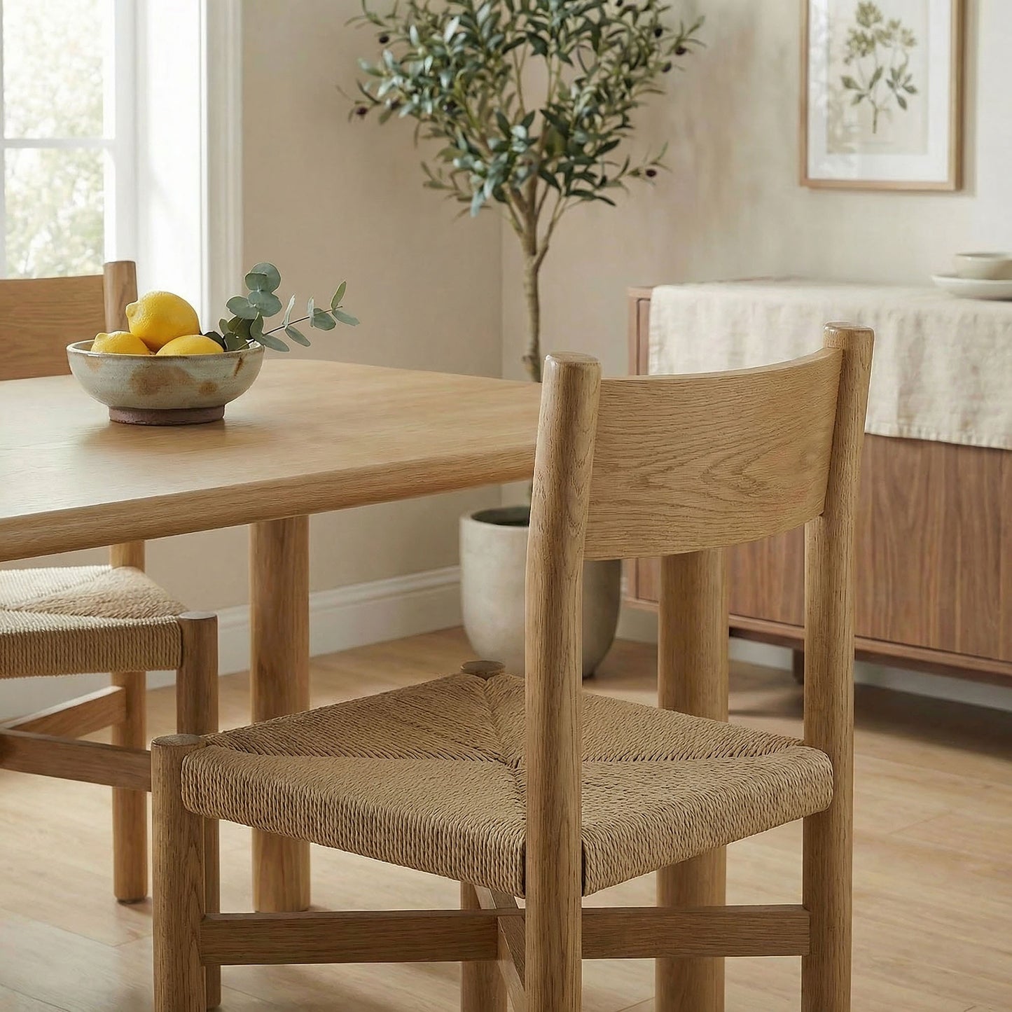 Wells Oak Wood Dining Side Chair With Woven Seat in Weathered Oak