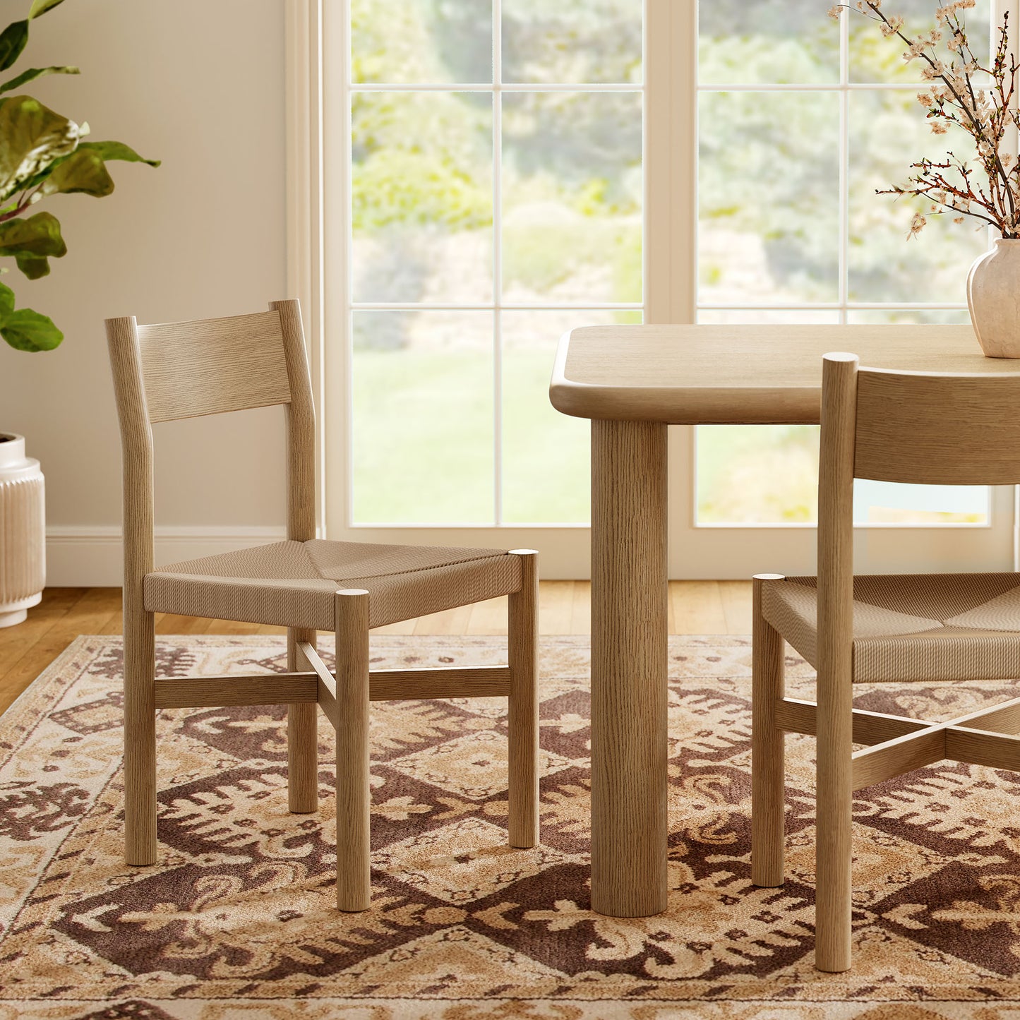 Wells Oak Wood Dining Side Chair With Woven Seat in Weathered Oak
