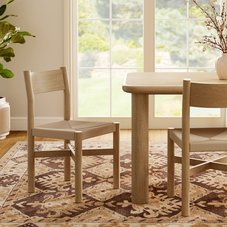 Wells Oak Wood Dining Side Chair With Woven Seat in Weathered Oak