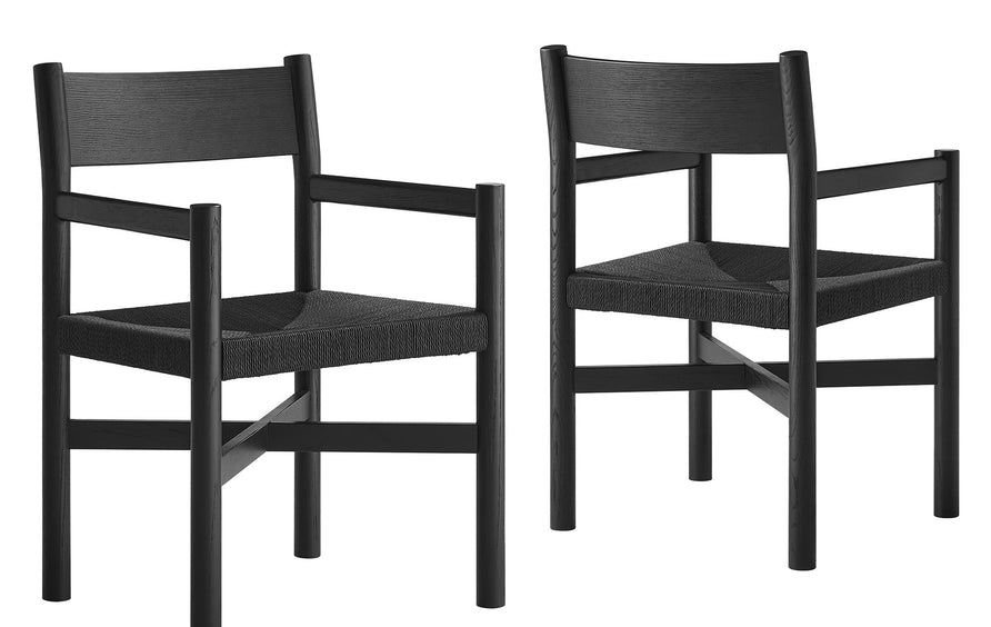 Wells Oak Wood Dining Armchairs With Woven Seats Set of 2 in Black