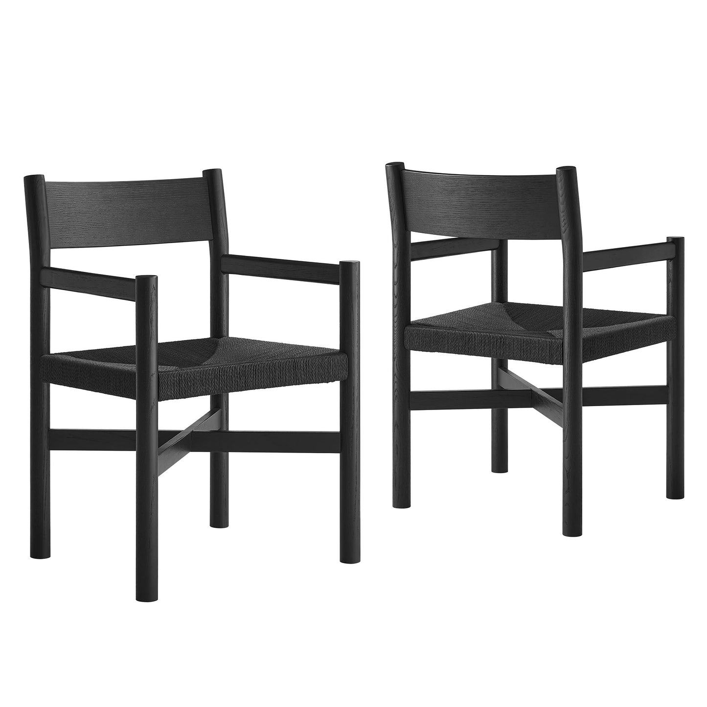 Wells Oak Wood Dining Armchairs With Woven Seats Set of 2 in Black
