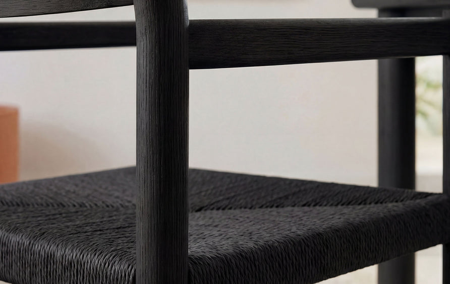 Wells Oak Wood Dining Armchairs With Woven Seats Set of 2 in Black