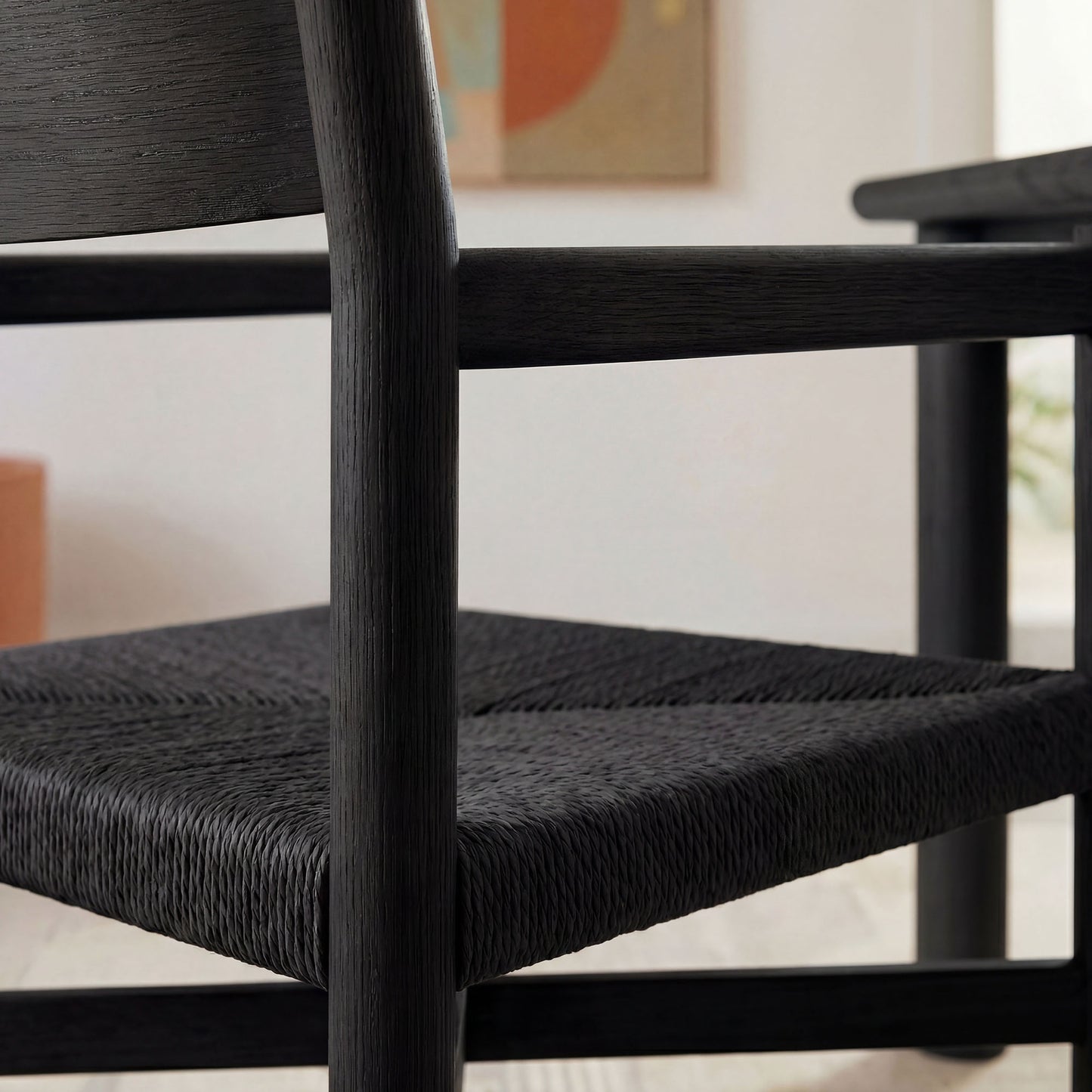 Wells Oak Wood Dining Armchairs With Woven Seats Set of 2 in Black