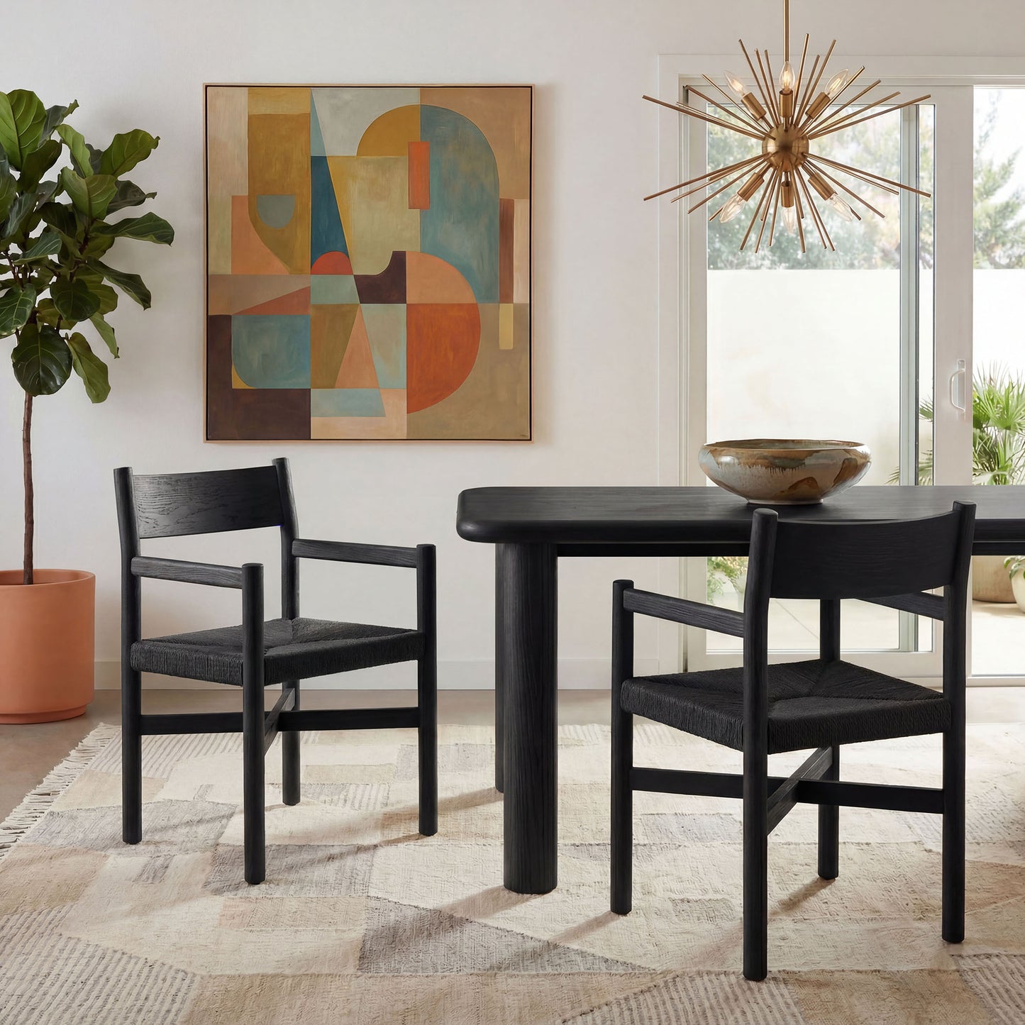 Wells Oak Wood Dining Armchairs With Woven Seats Set of 2 in Black