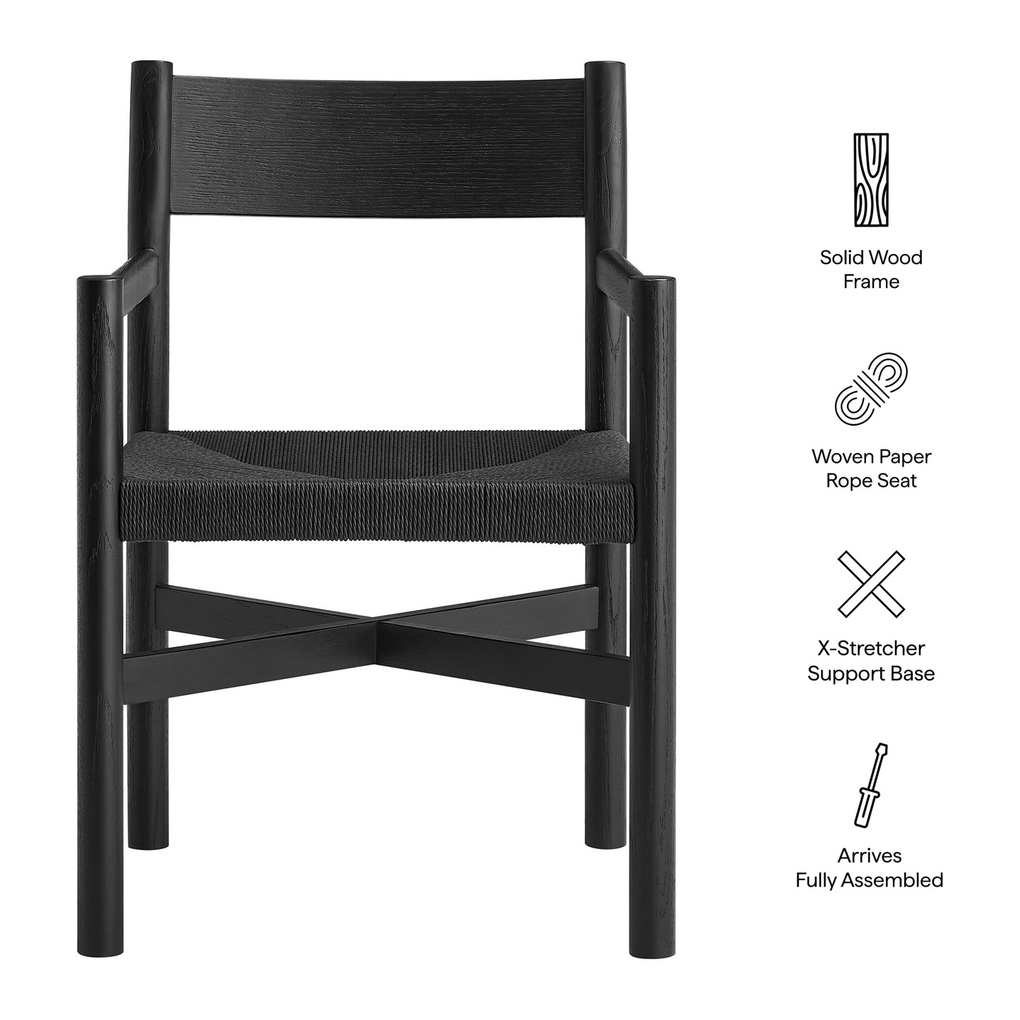 Wells Oak Wood Dining Armchairs With Woven Seats Set of 2 in Black