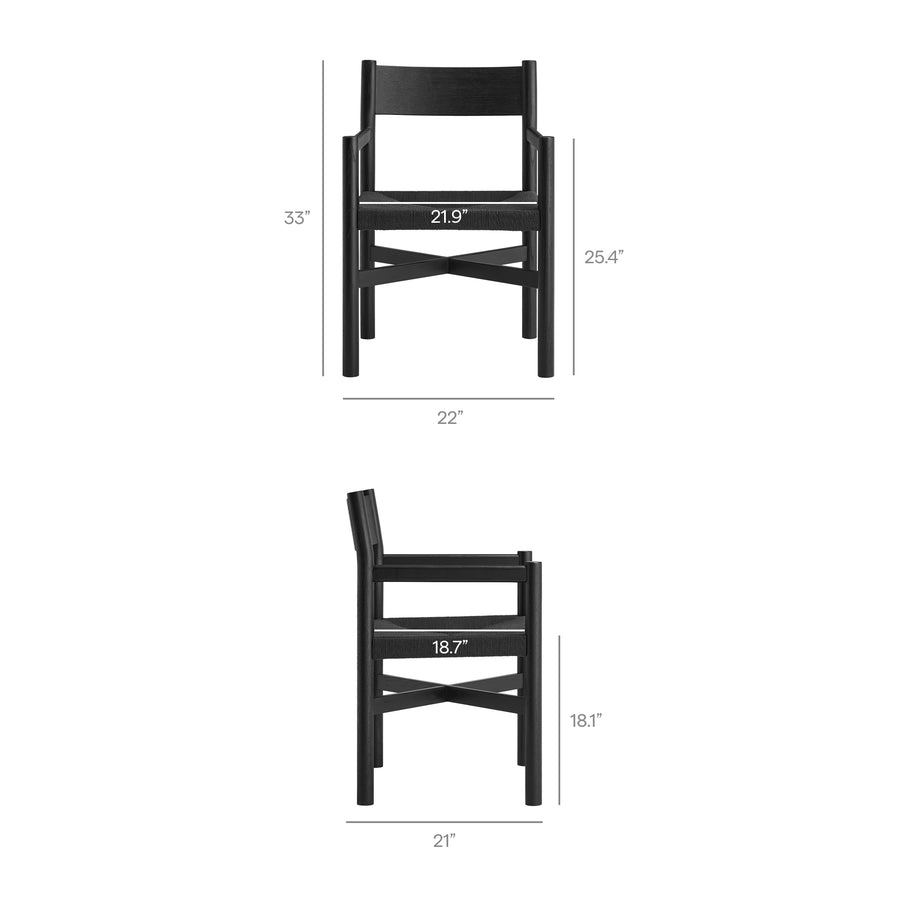 Wells Oak Wood Dining Armchairs With Woven Seats Set of 2 in Black