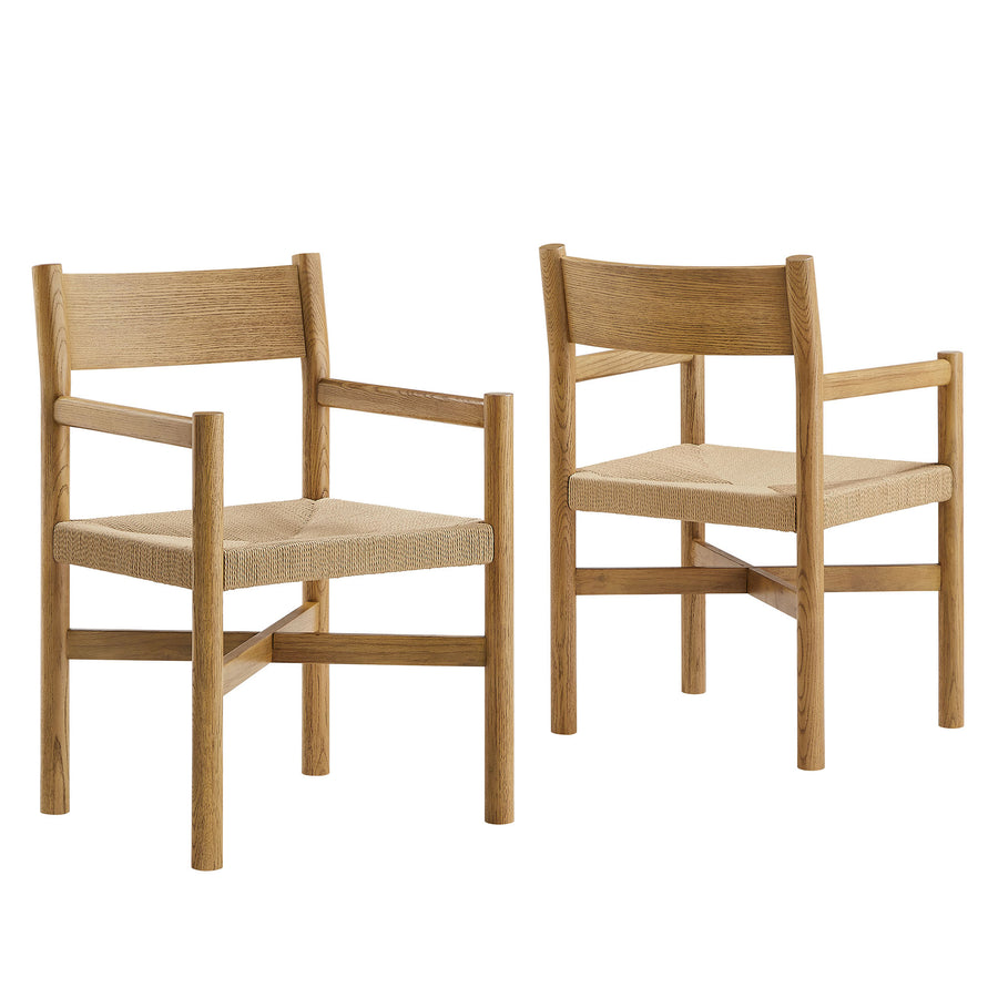 Wells Oak Wood Dining Armchairs With Woven Seats Set of 2 in Weathered Oak